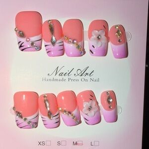 Peach Pink Ombre Floral Rhinestone Press-On Nails